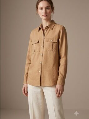 Max Mara 100% Linen Button Down Shirt Camel Utility US 6